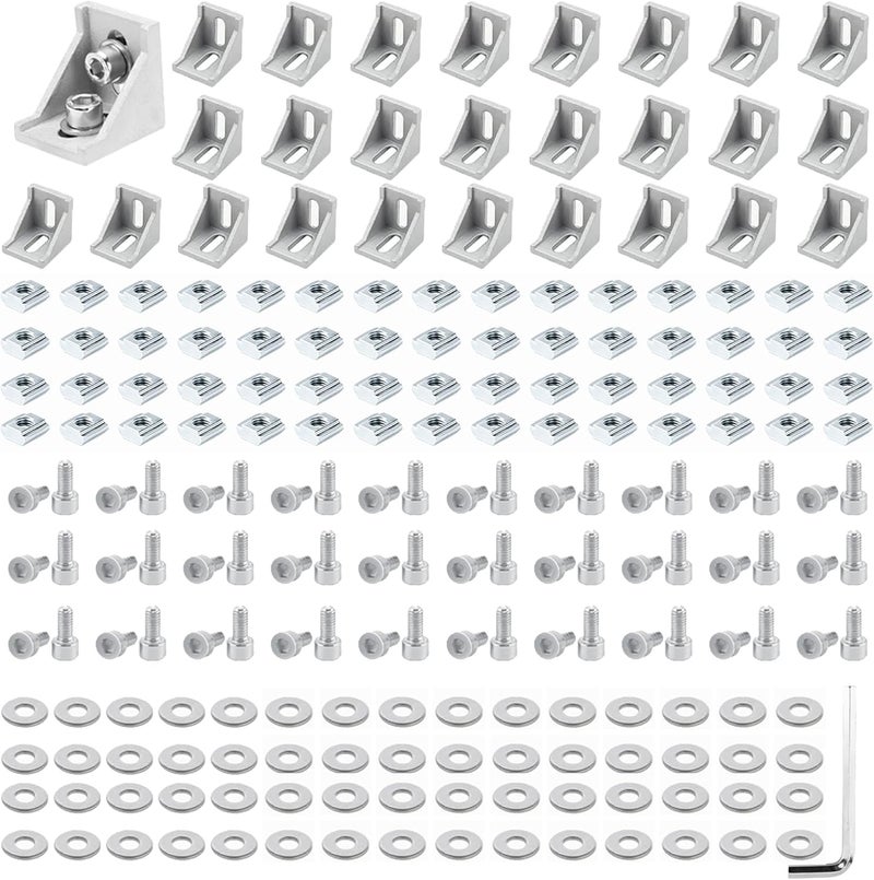 PETOX 30 Set Silver 2020 Series Aluminum Extrusion Profile Connector, Includes 1pc Wrench, 30pcs 2028 Corner Bracket, 60pcs T-Slot Sliding Nuts and M5 Hex Screw Bolt for 20S Aluminum Rail Accessories - Image 1